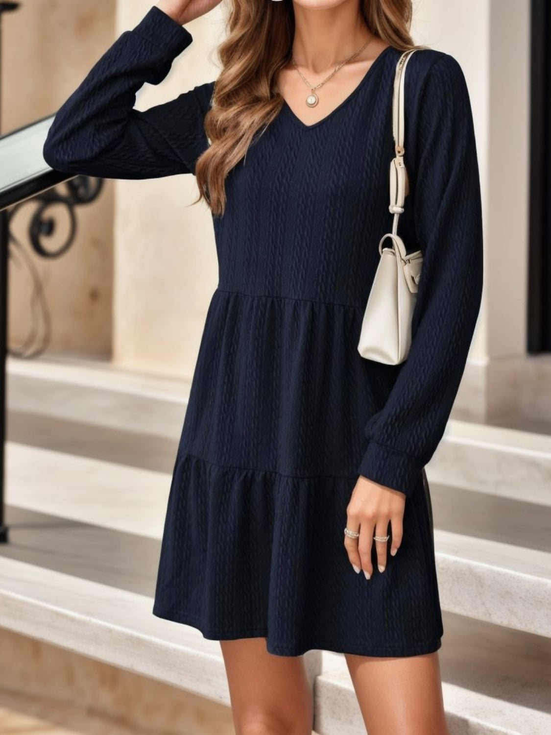 V-Neck Long Sleeve Mini Dress - All In The Bag
