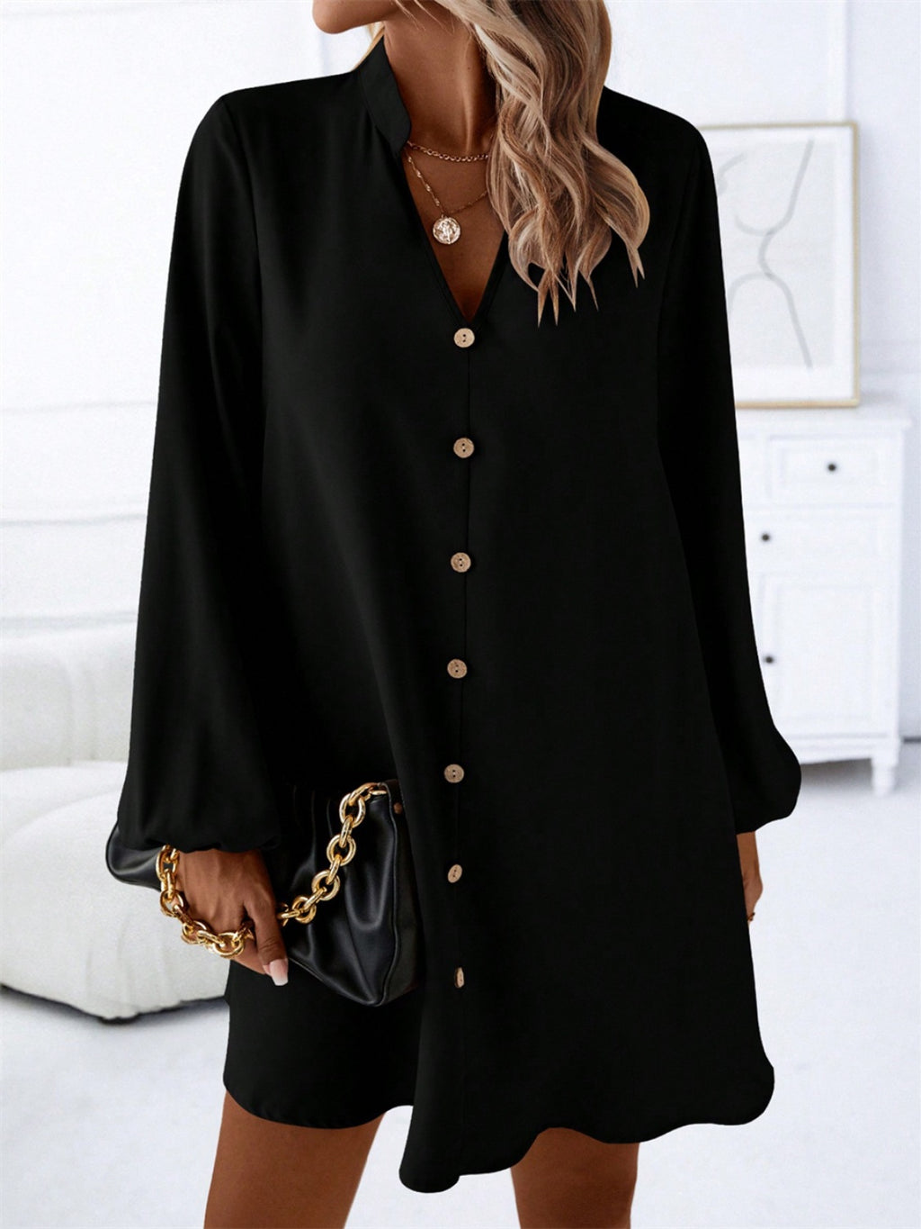 Notched Long Sleeve Mini Dress - All In The Bag