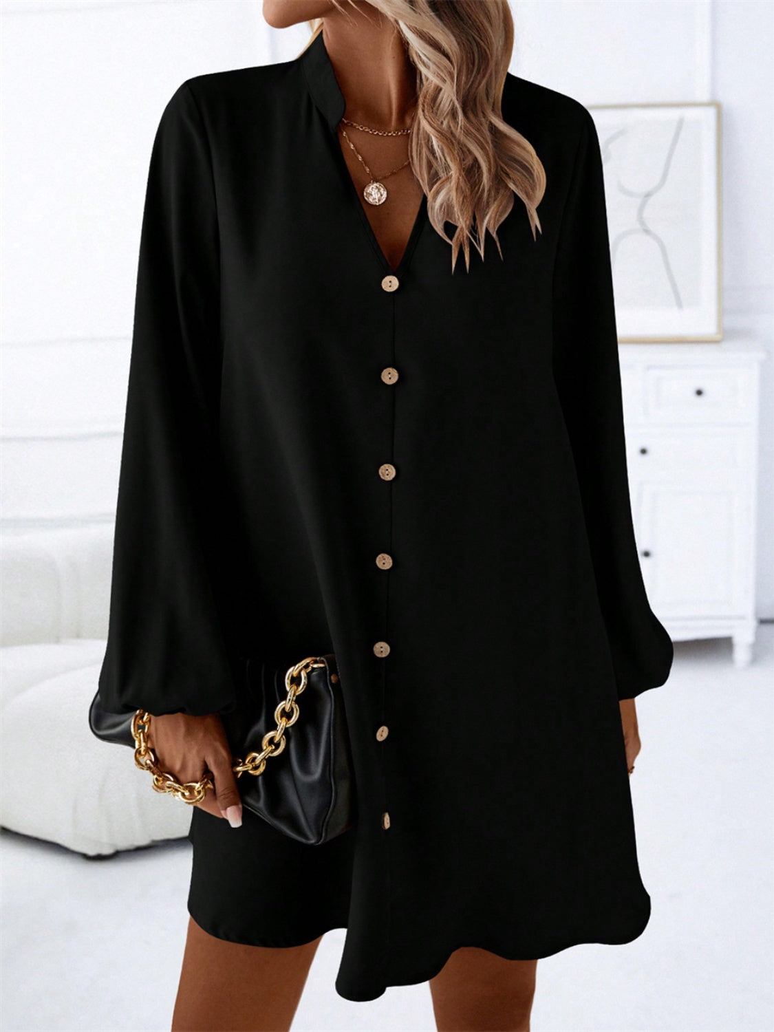 Notched Long Sleeve Mini Dress - All In The Bag