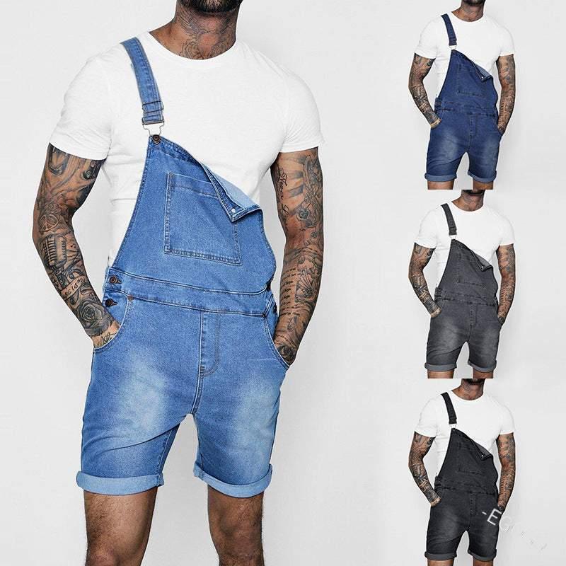 Fashion Men's Bib Trousers Rolled-up Jeans Jumpsuit - All In The Bag 