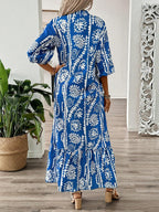 Printed Notched Half Sleeve Maxi Dress - All In The Bag