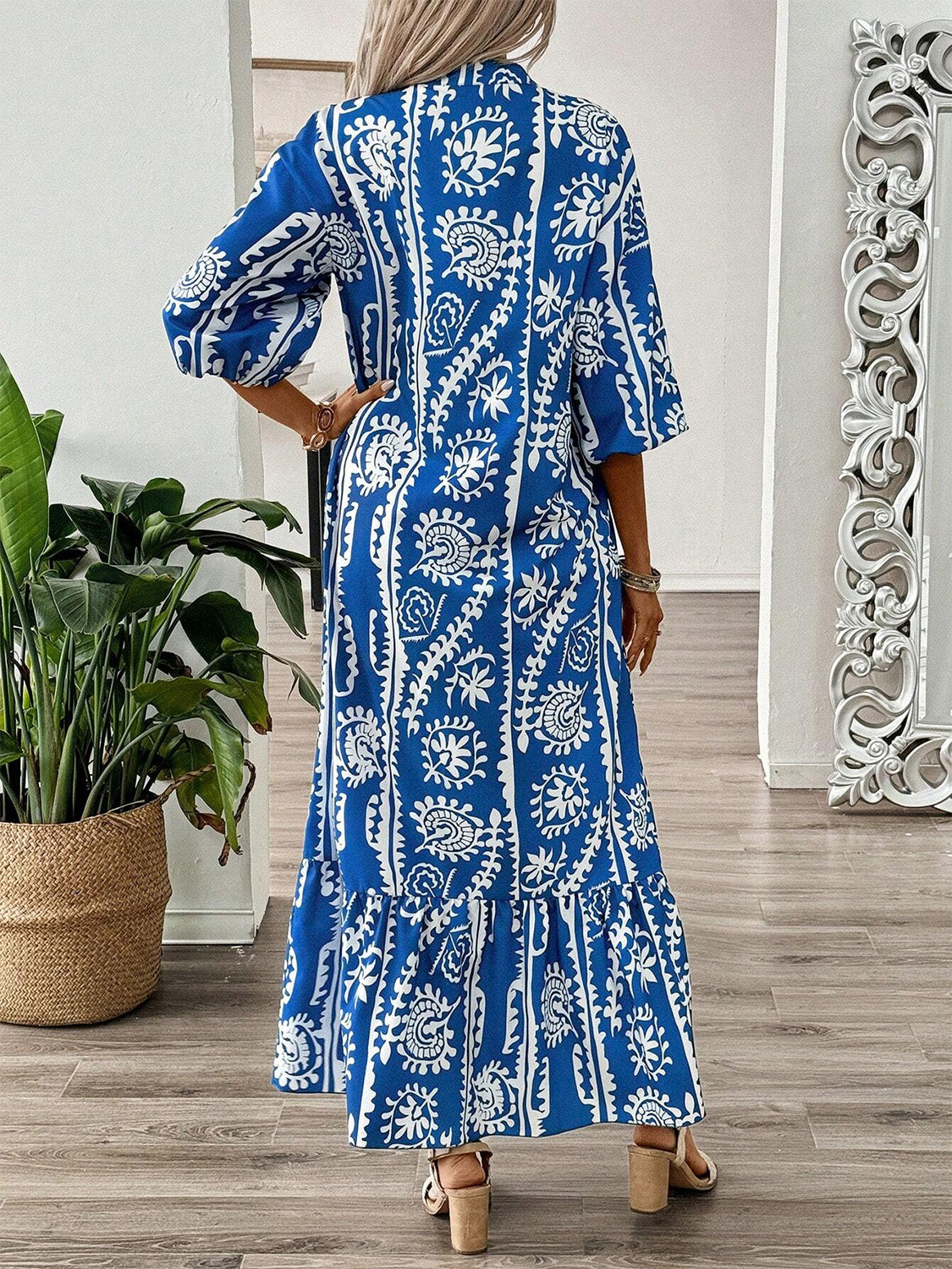 Printed Notched Half Sleeve Maxi Dress - All In The Bag
