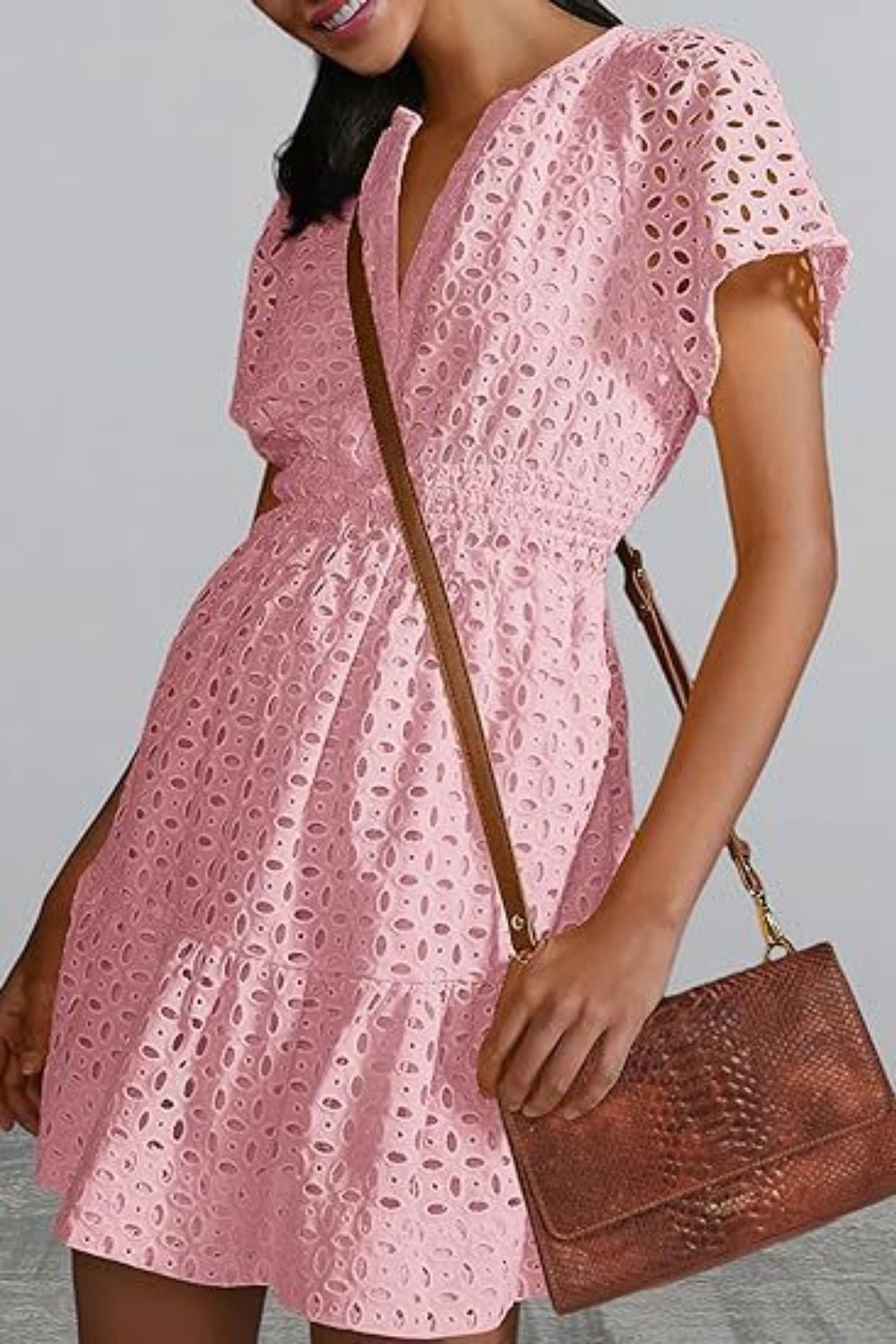 Eyelet Notched Short Sleeve Mini Dress - All In The Bag