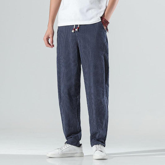 Summer New Loose Cotton And Linen Men's Striped Casual Pants - All In The Bag 