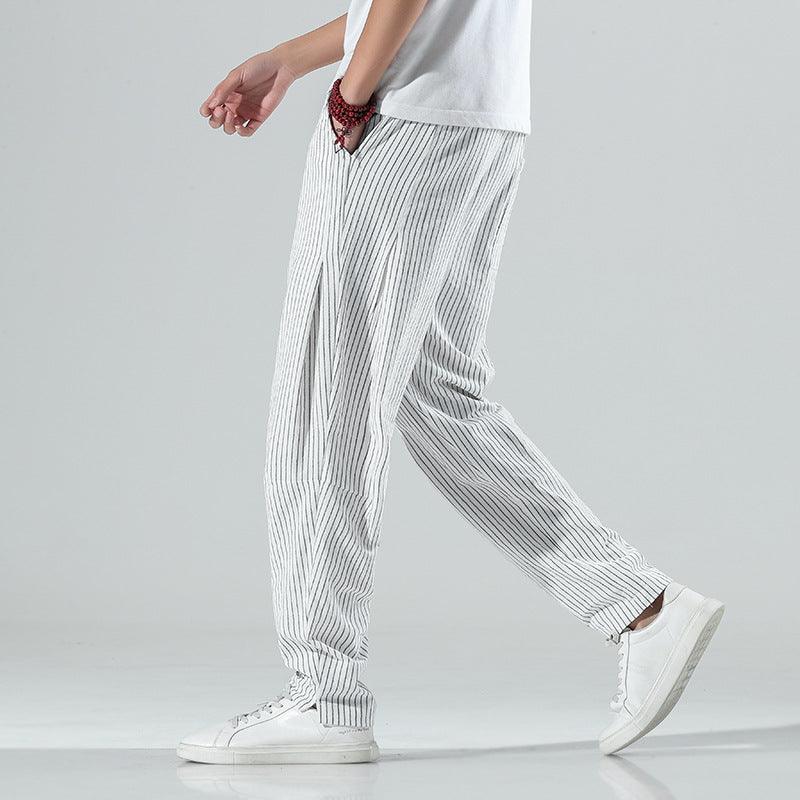 Summer New Loose Cotton And Linen Men's Striped Casual Pants - All In The Bag 