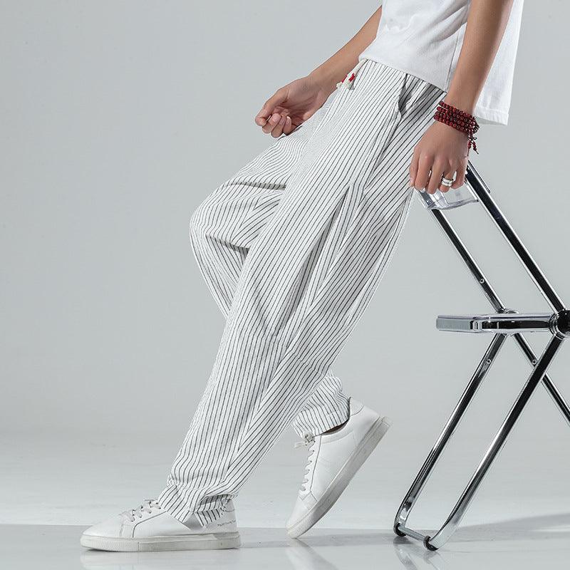 Summer New Loose Cotton And Linen Men's Striped Casual Pants - All In The Bag 