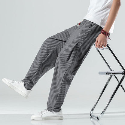 Summer New Loose Cotton And Linen Men's Striped Casual Pants - All In The Bag 