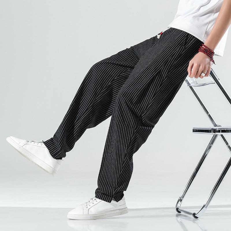 Summer New Loose Cotton And Linen Men's Striped Casual Pants - All In The Bag 