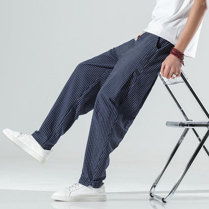 Summer New Loose Cotton And Linen Men's Striped Casual Pants - All In The Bag 