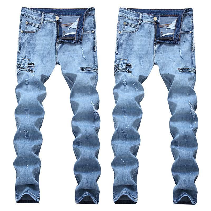 Washed Water Yellow Printed Zipper Foreigner Stretch Retro Tide Amazon Explosion Trousers Men'S Foreign Trade Jeans - All In The Bag 