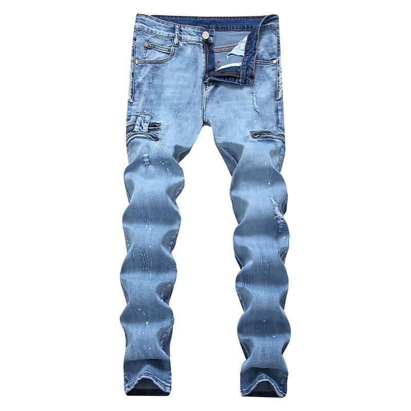 Washed Water Yellow Printed Zipper Foreigner Stretch Retro Tide Amazon Explosion Trousers Men'S Foreign Trade Jeans - All In The Bag 