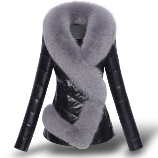 Women's Imitation Fox Fur Collar Short Slim Fitting Fur Coat - All In The Bag 