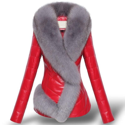 Women's Imitation Fox Fur Collar Short Slim Fitting Fur Coat - All In The Bag 