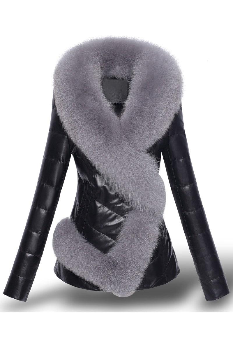 Women's Imitation Fox Fur Collar Short Slim Fitting Fur Coat - All In The Bag 