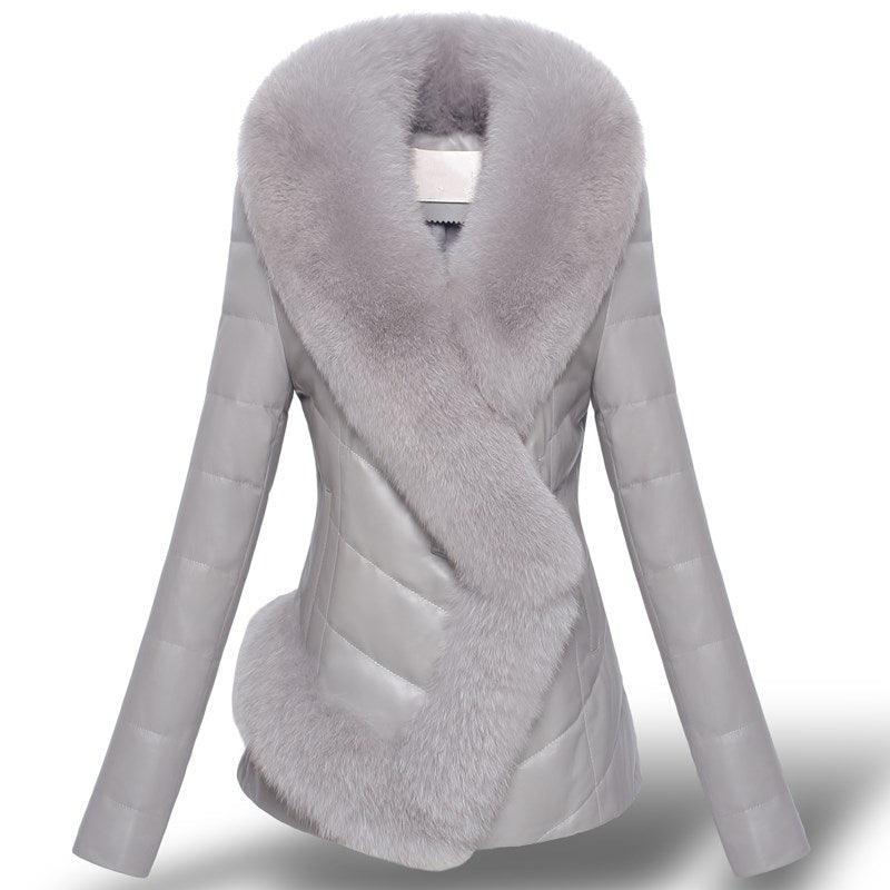 Women's Imitation Fox Fur Collar Short Slim Fitting Fur Coat - All In The Bag 