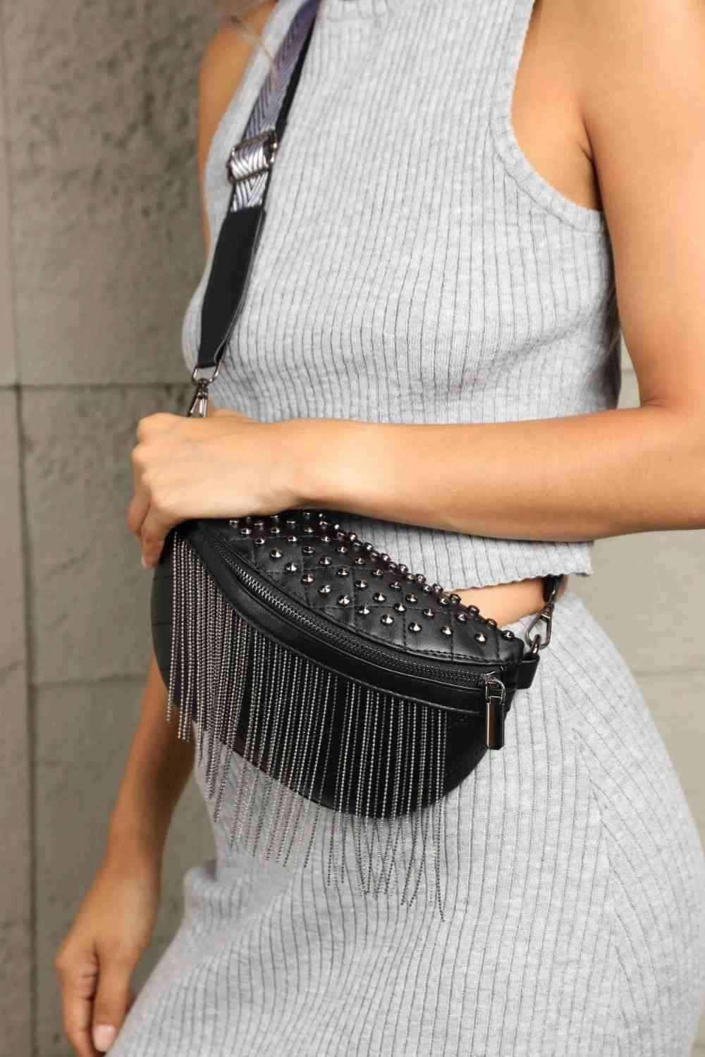 Adored PU Leather Studded Sling Bag with Fringes - All In The Bag 