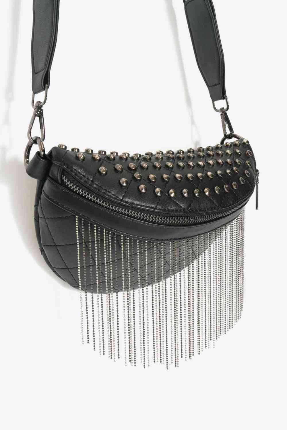 Adored PU Leather Studded Sling Bag with Fringes - All In The Bag 