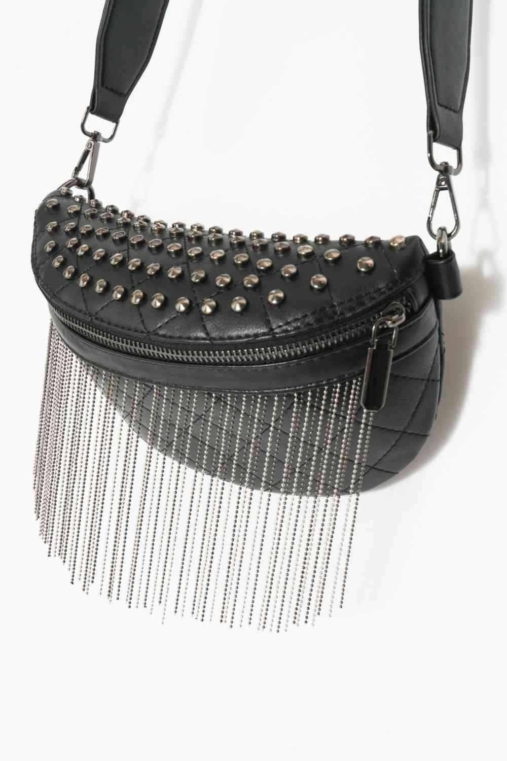 Adored PU Leather Studded Sling Bag with Fringes - All In The Bag 