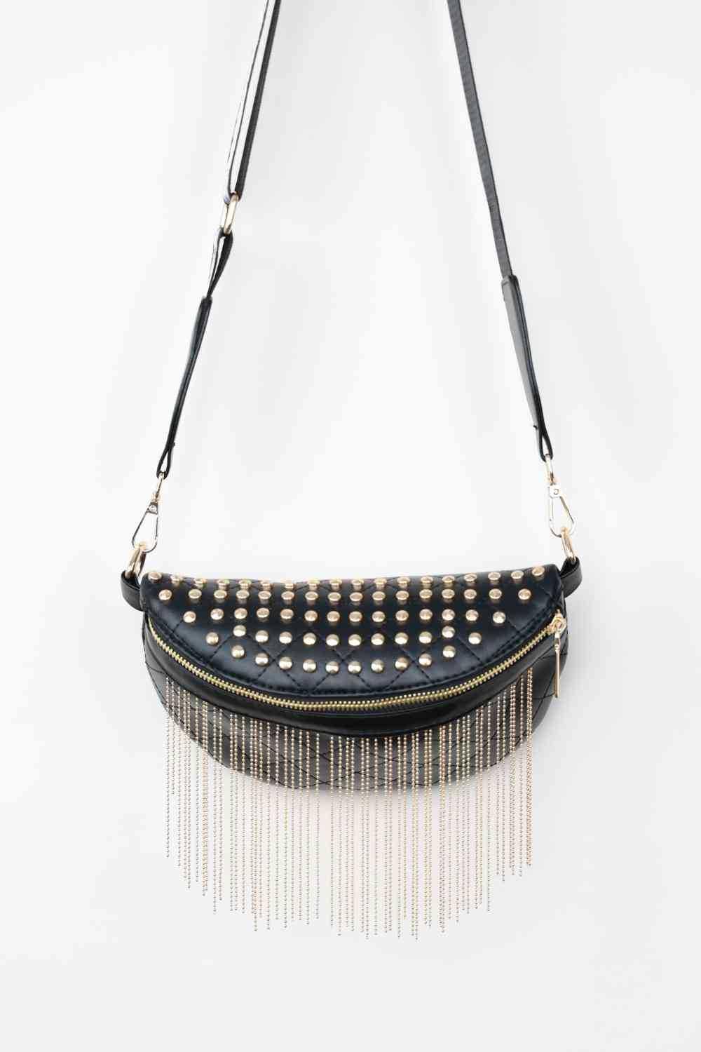 Adored PU Leather Studded Sling Bag with Fringes - All In The Bag 