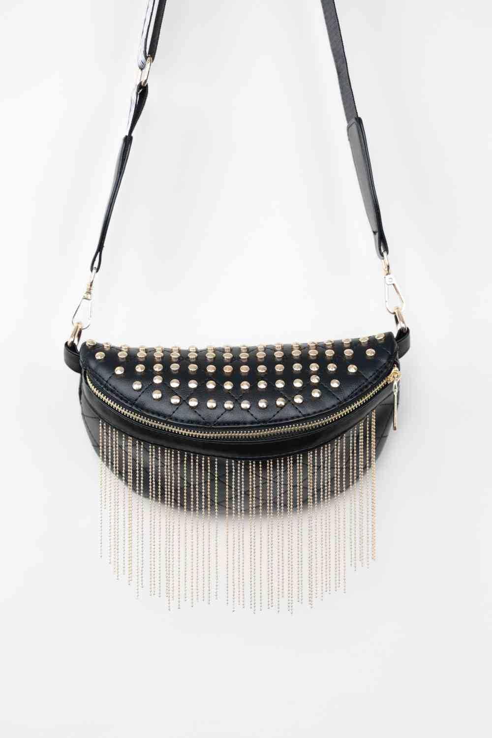 Adored PU Leather Studded Sling Bag with Fringes - All In The Bag 