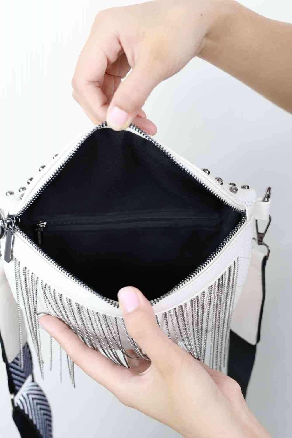 Adored PU Leather Studded Sling Bag with Fringes - All In The Bag 