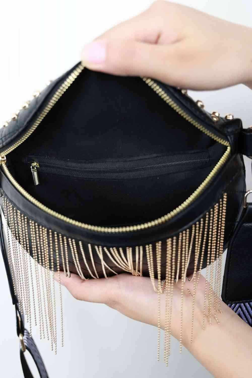Adored PU Leather Studded Sling Bag with Fringes - All In The Bag 
