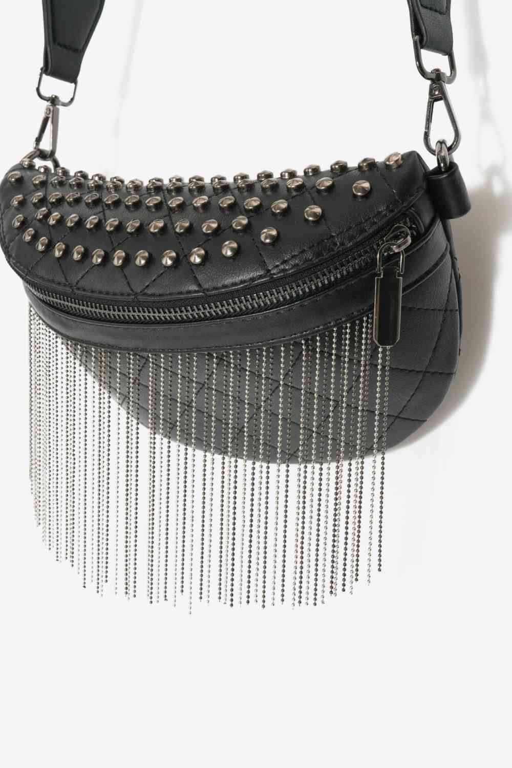 Adored PU Leather Studded Sling Bag with Fringes - All In The Bag 