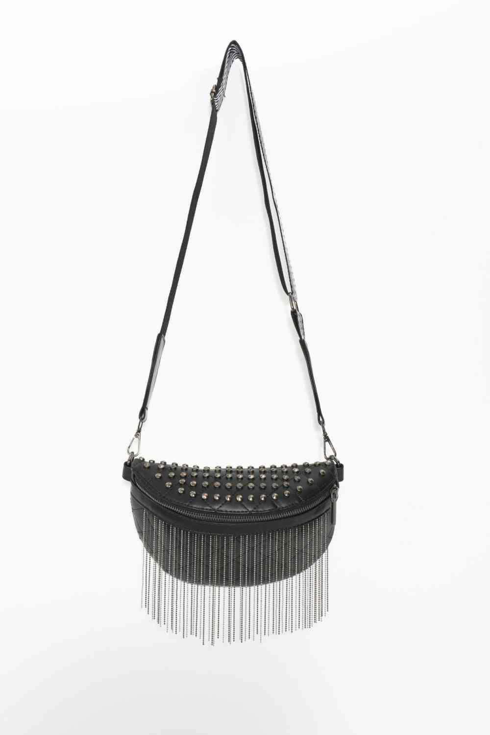 Adored PU Leather Studded Sling Bag with Fringes - All In The Bag 