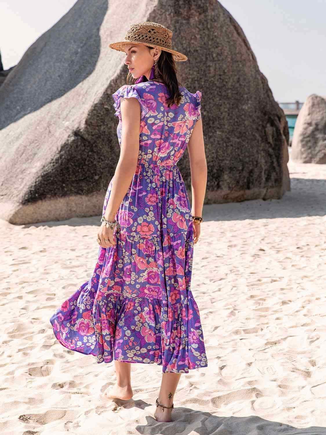 Printed V-Neck Midi Dress - All In The Bag 