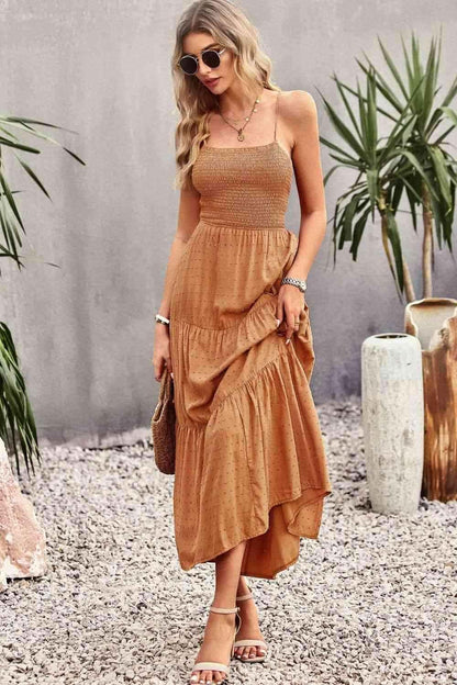 Smocked Lace-Up Tiered Dress - All In The Bag 