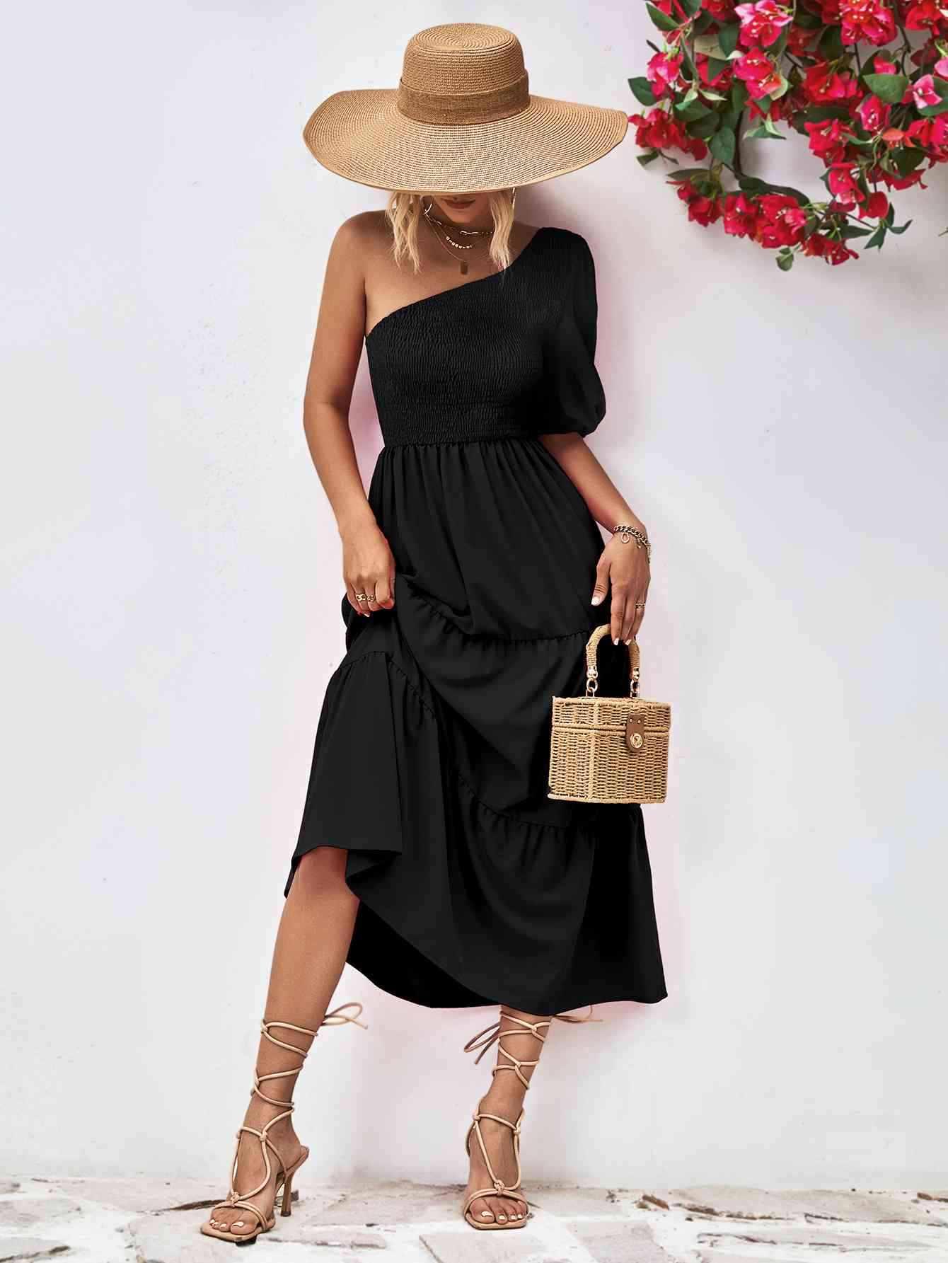 Smocked One-Shoulder Midi Dress - All In The Bag 