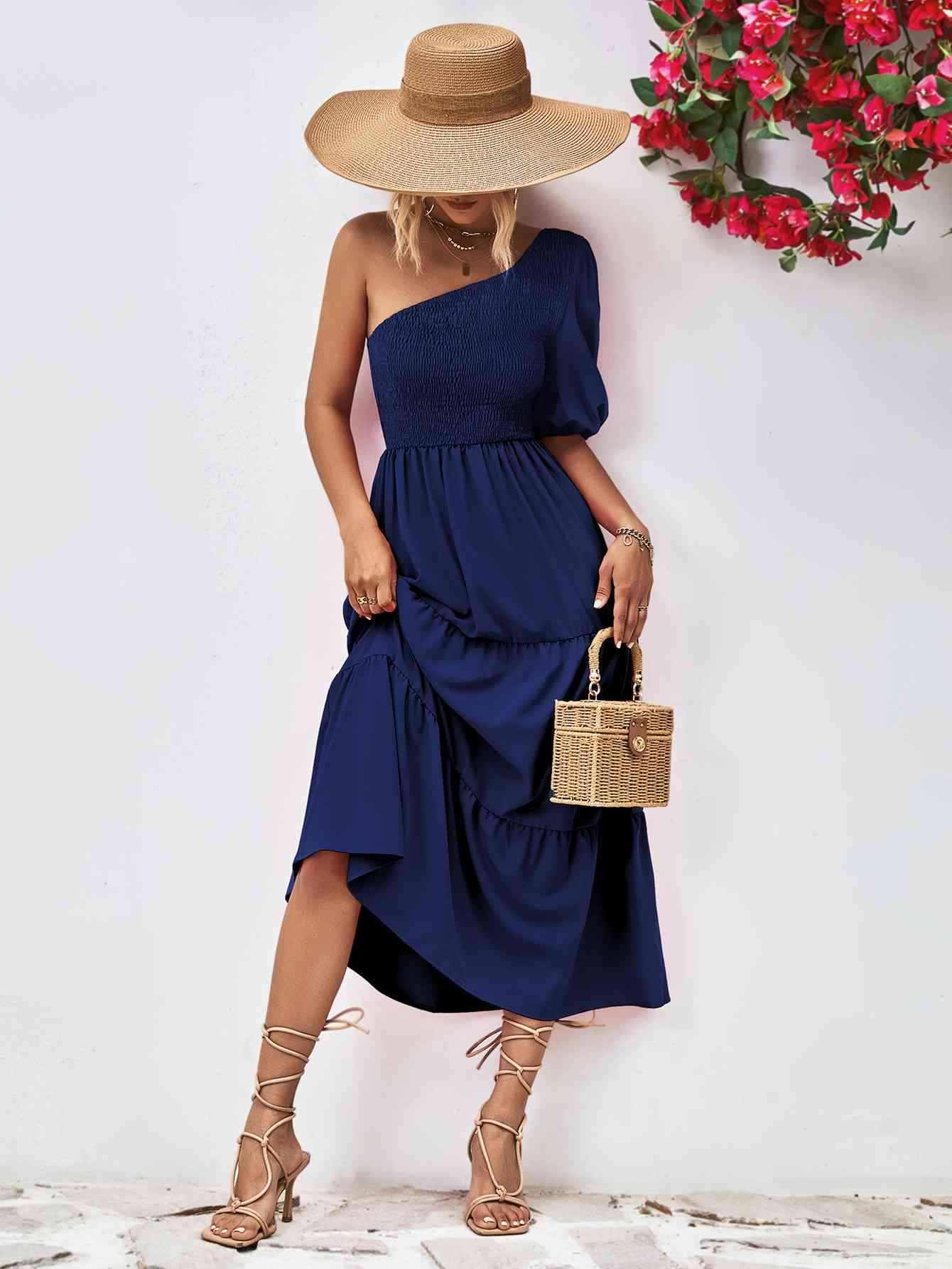 Smocked One-Shoulder Midi Dress - All In The Bag 