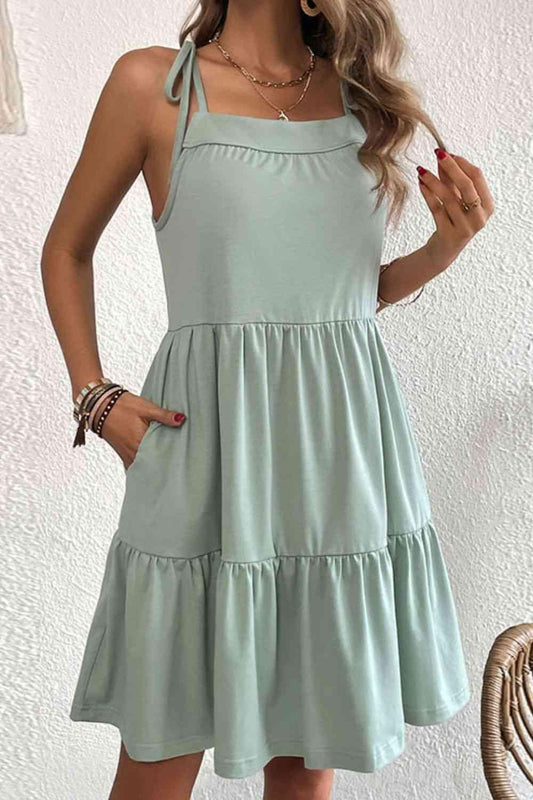 Tie-Shoulder Tiered Dress with Pockets - All In The Bag 