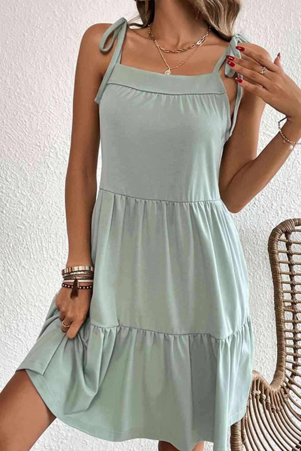 Tie-Shoulder Tiered Dress with Pockets - All In The Bag 