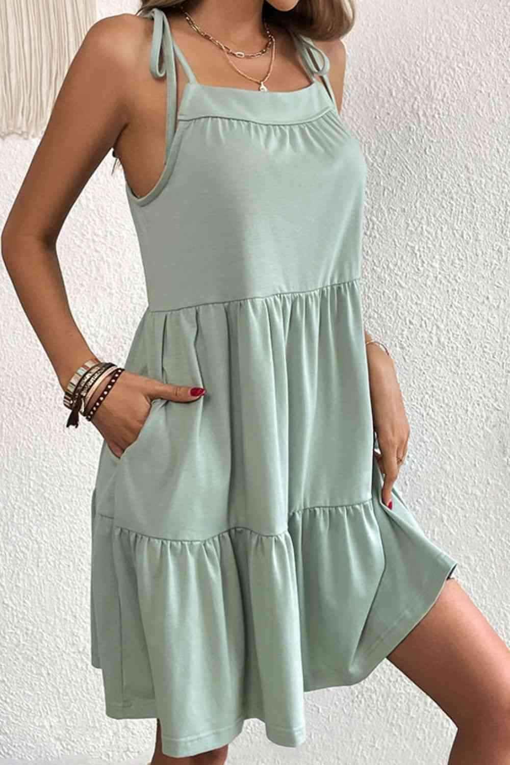 Tie-Shoulder Tiered Dress with Pockets - All In The Bag 