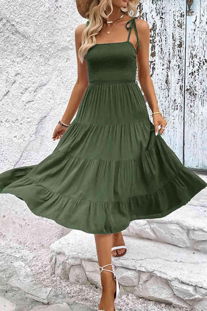 Tie-Shoulder Tiered Midi Dress - All In The Bag 