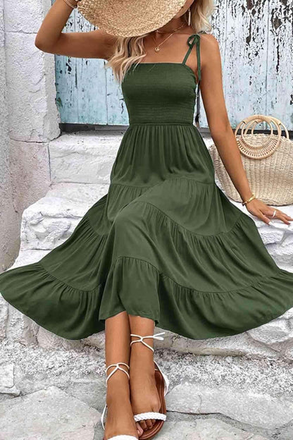 Tie-Shoulder Tiered Midi Dress - All In The Bag 