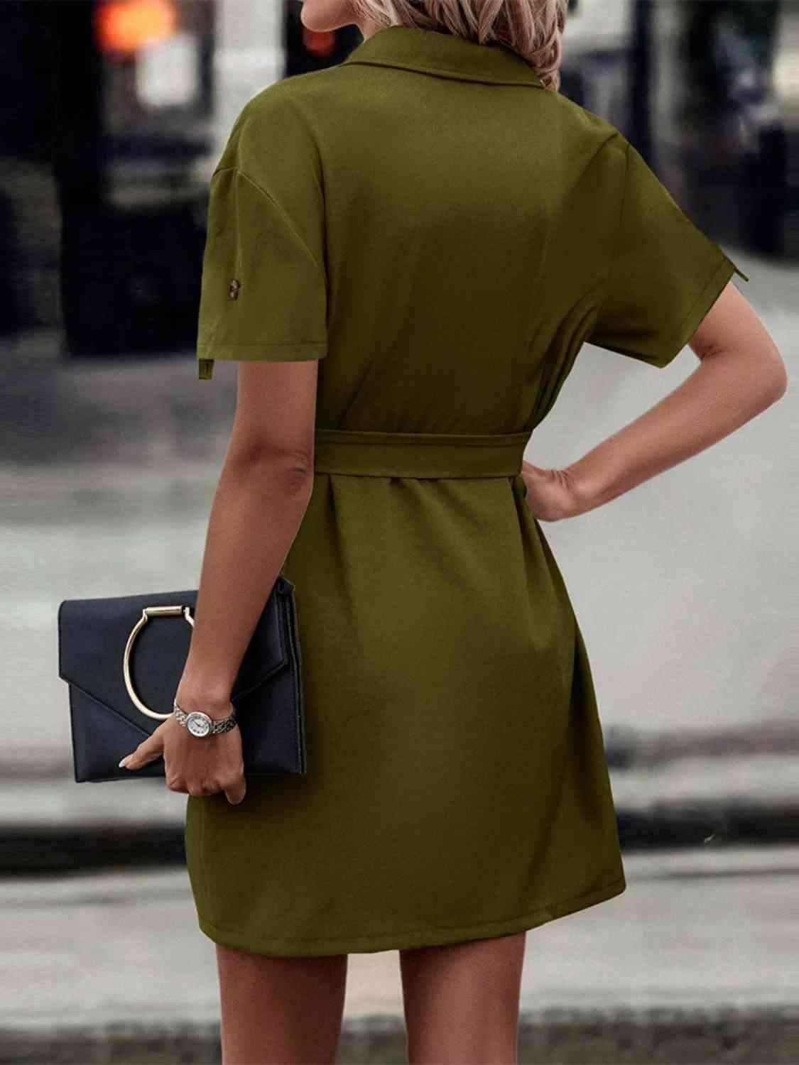 Tie Waist Collared Dress - All In The Bag 