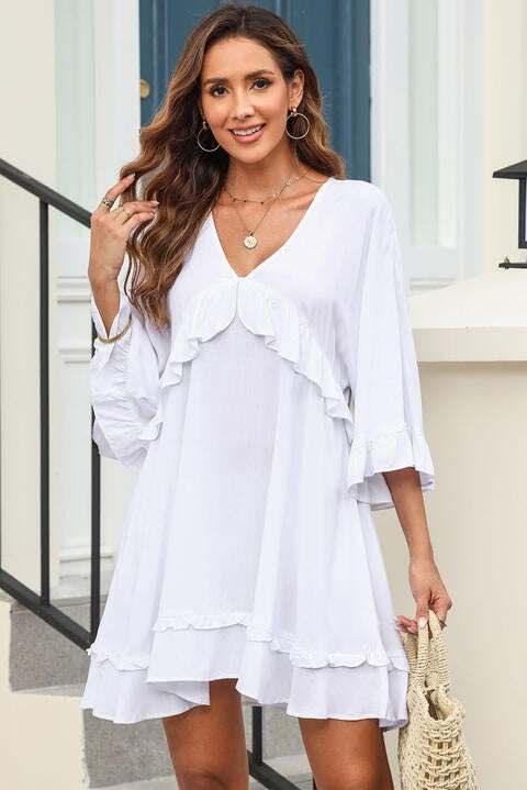 V-Neck Ruffled Mini Dress - All In The Bag 