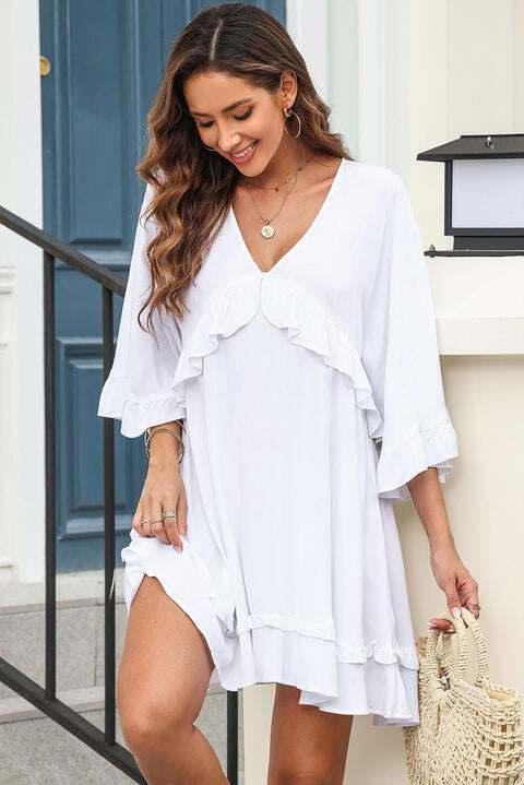 V-Neck Ruffled Mini Dress - All In The Bag 