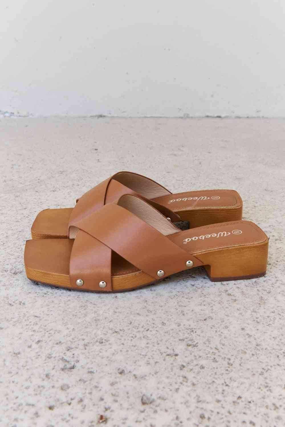 Weeboo Step Into Summer Criss Cross Wooden Clog Mule in Brown - All In The Bag 